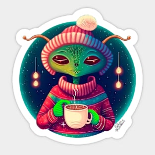 Christmas Funny Alien Drinking Coffee Wearing Sweater Sticker